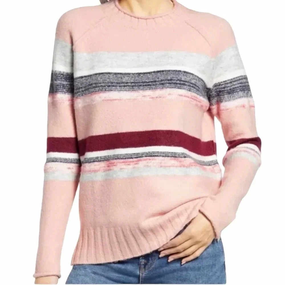 Caslon Cozy Mix Stripe Knit Sweater Crewneck Pink Winter Long Sleeve